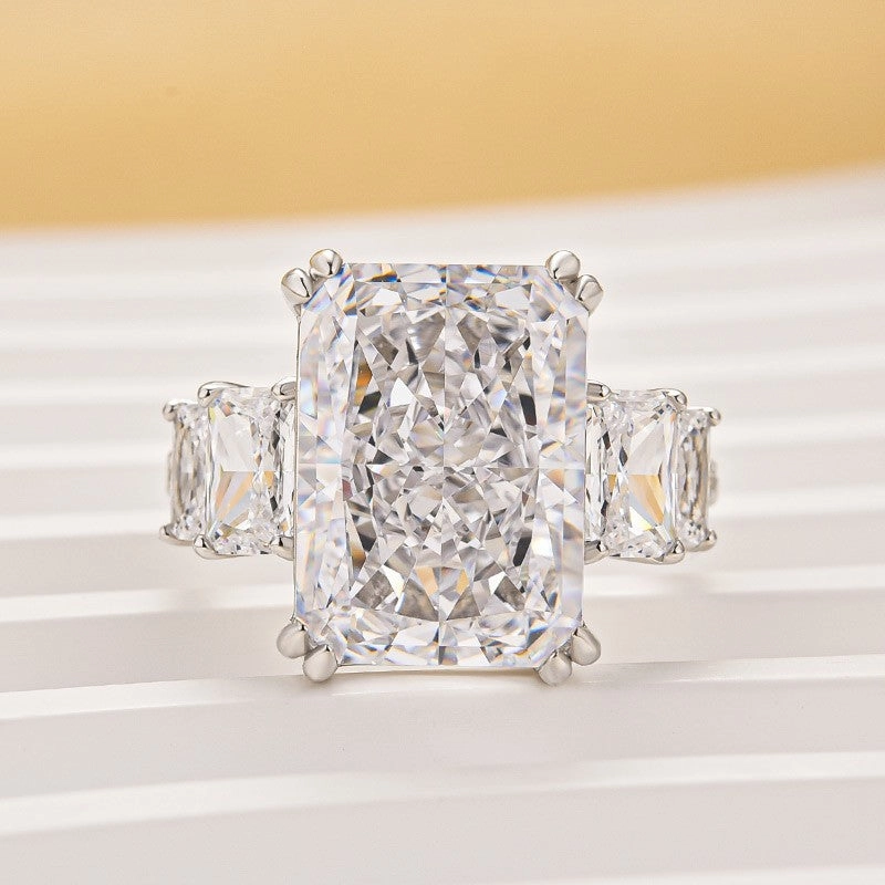 10.0Ct Radiant Cut Three Stone Luxe Engagement Ring In Sterling Silver Dazzling Highlight