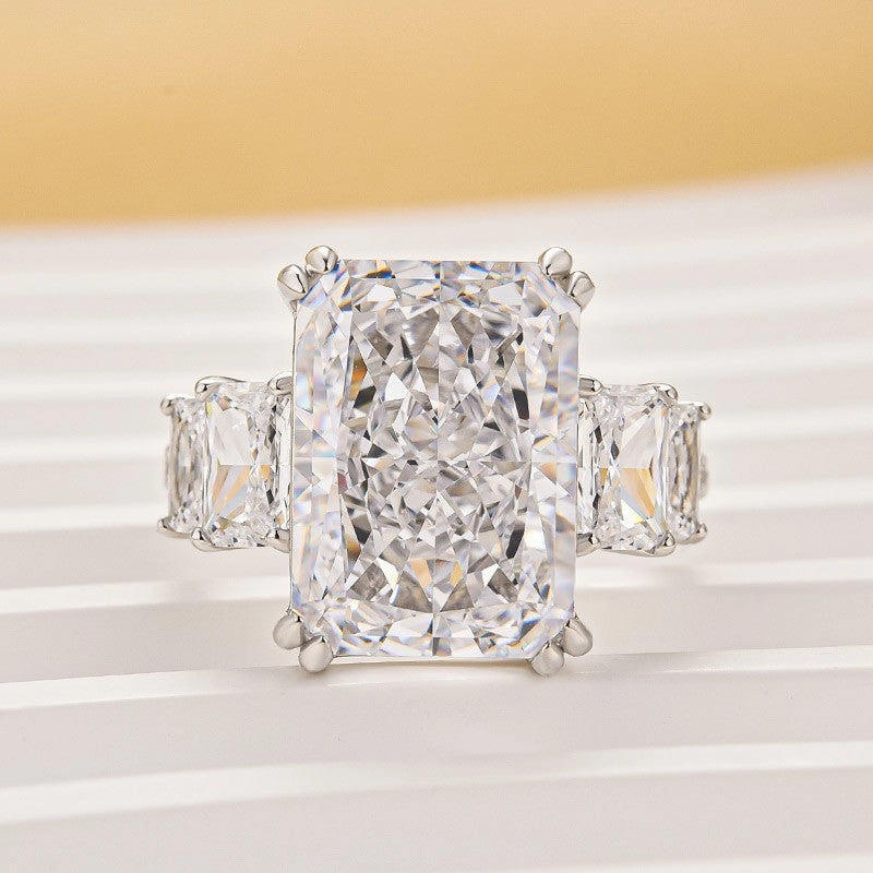 Casual Look 10.0Ct Radiant Cut Three Stone Luxe Engagement Ring In Sterling Silver