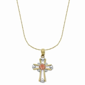 Stylish Craft Personalized Craft 14k Three-tone Yellow, White, and Rose Gold Flower and Heart Cross Necklace with 18-inch Chain