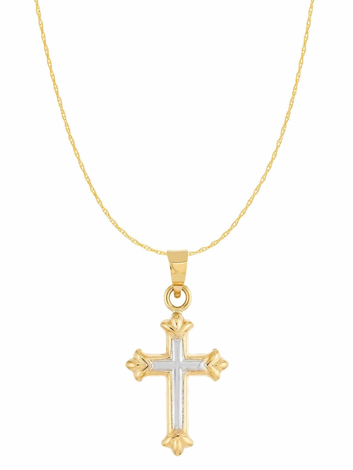 14k Two-tone White and Yellow Gold Small Fleuree Cross Necklace 18-inch Chain Iconic Feature Unique Accessory