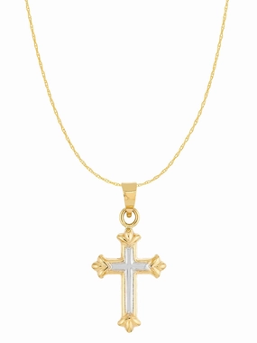 14k Two-tone White and Yellow Gold Small Fleuree Cross Necklace 18-inch Chain Iconic Feature Unique Accessory