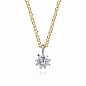 14K White and Yellow Gold Diamond Flower Pendant Necklace Stylish Choice