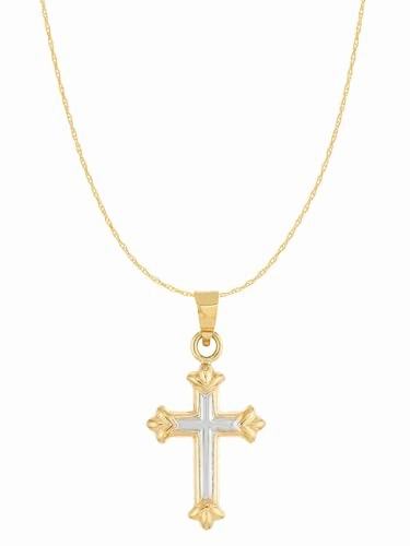 14k white and Yellow Two-Tone Gold Cross Necklace with Fleuree Design Reversible with 18-inch Chain Radiant Highlight