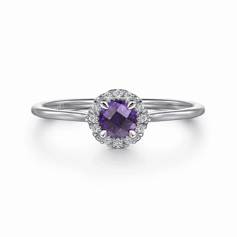 14K White Gold Amethyst and Diamond Halo Promise Ring Chic Flair Distinctive Highlight
