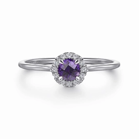 14K White Gold Amethyst and Diamond Halo Promise Ring Chic Flair Distinctive Highlight
