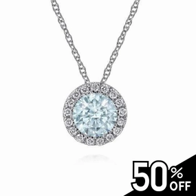 14K White Gold Aquamarine and Diamond Halo Pendant Necklace Exclusive Look Vibrant Shine Look