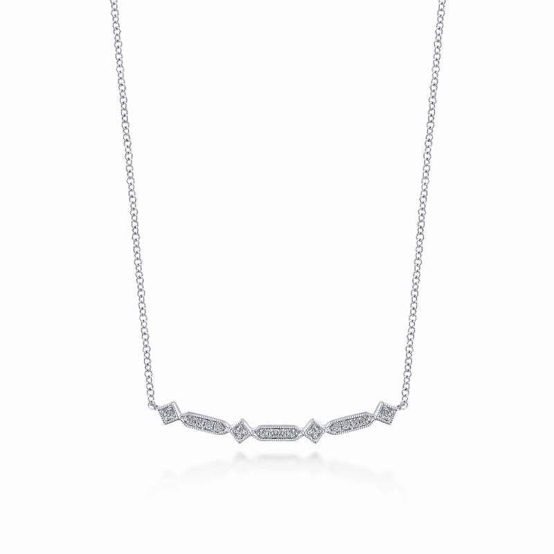 14K White Gold Curved Geometric Diamond Bar Necklace Chic Accessory