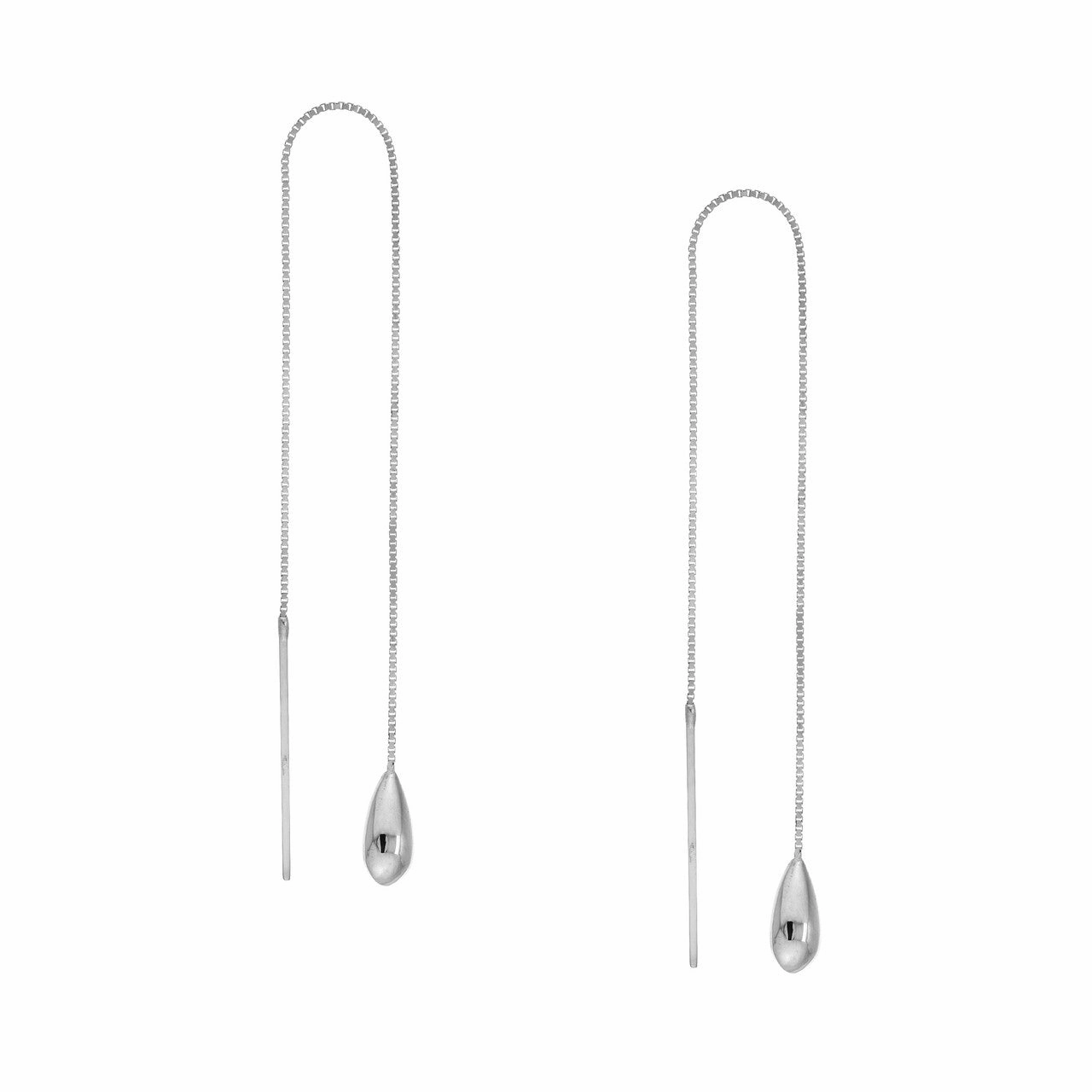 14k White Gold Threader Earrings with Polished Teardrop and Bar with Box Chain Cool Fit Glitter Detail