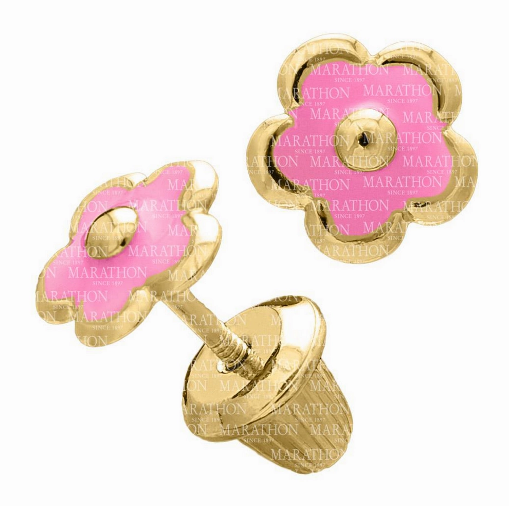 14K Yellow Gold and Pink Enamel Flower Earrings Eternal Classic Timeless Gift