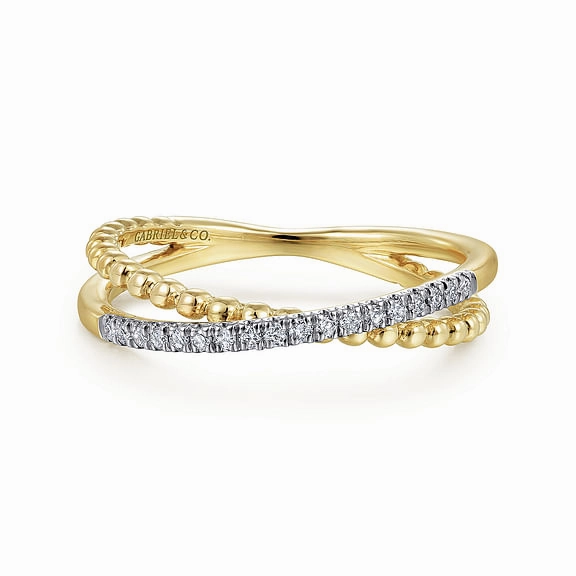 14K Yellow Gold Bujukan Pave Diamond Criss Cross Stackable Ring Soft Lighting