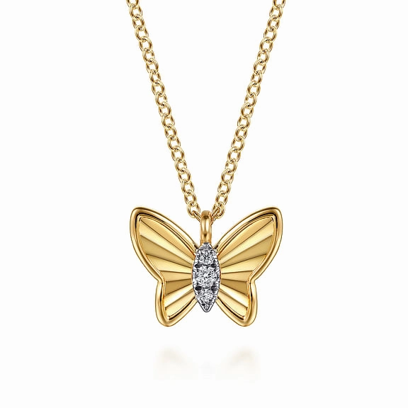 14K Yellow Gold Butterfly Necklace With Diamond Cut Finish And Graduating Diamonds Quick Style Stylish Layer