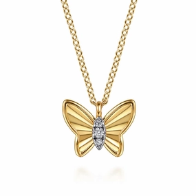 14K Yellow Gold Butterfly Necklace With Diamond Cut Finish And Graduating Diamonds Quick Style Stylish Layer