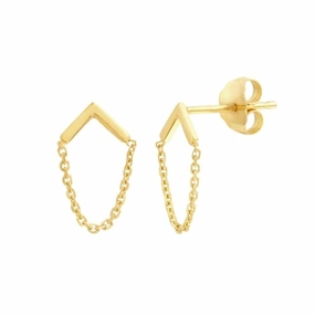14k Yellow Gold Chevron Bar Stud Earrings with Chain Drop Bridal Moment
