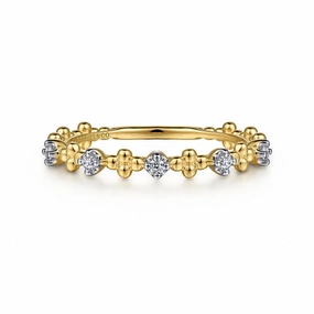 14K Yellow Gold Diamond and Bujukan Bead Station Stackable Ring Distinctive Sparkle Exquisite Shine Finish