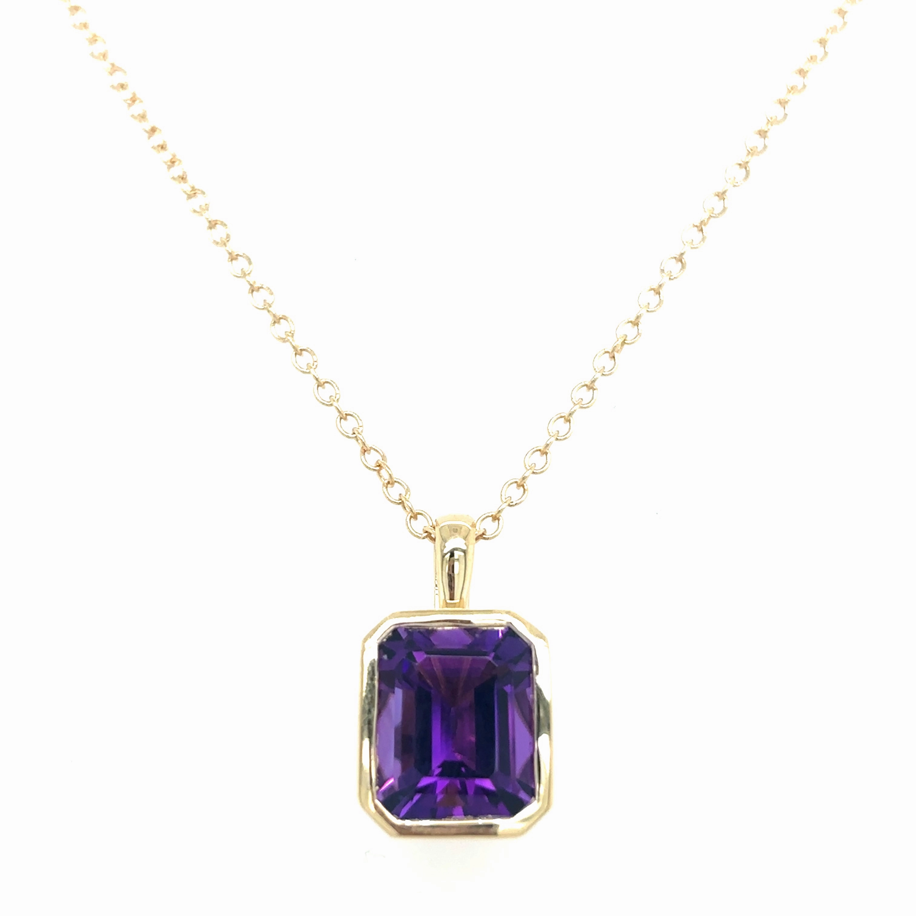 Bold Gift Active Lifestyle 14K Yellow Gold Emerald Shape Amethyst Solitaire Pendant