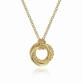 14K Yellow Gold Plain and Bujukan Beaded Interlocking Circles Pendant Necklace Shiny Treasures Artistic Touch
