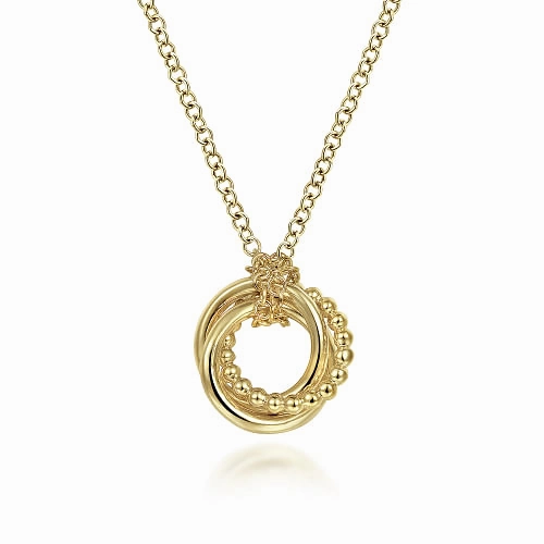 14K Yellow Gold Plain and Bujukan Beaded Interlocking Circles Pendant Necklace Shiny Treasures Artistic Touch
