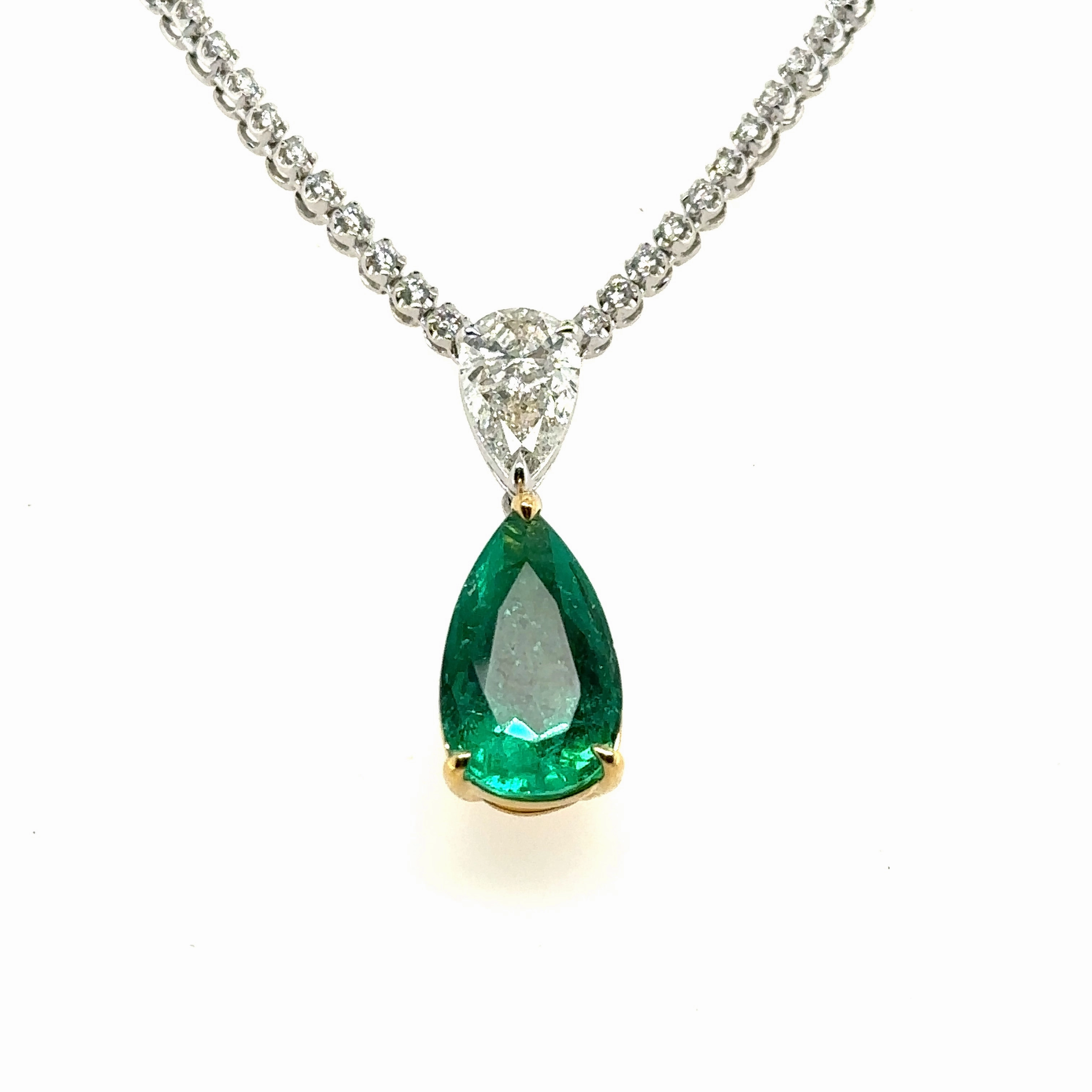 18K White/Yellow Gold Pear Shape Emerald and Diamond Lariat Pendant  (7.96ctw) Event Jeweled Adornment