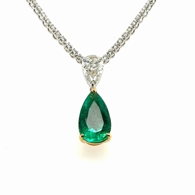 18K White/Yellow Gold Pear Shape Emerald and Diamond Lariat Pendant  (7.96ctw) Event Jeweled Adornment