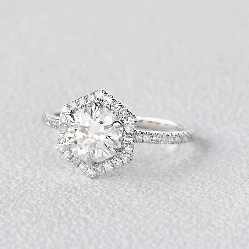 1.0ct Hexagon Moissanite Classic Halo Geometric Ring Birthday Present