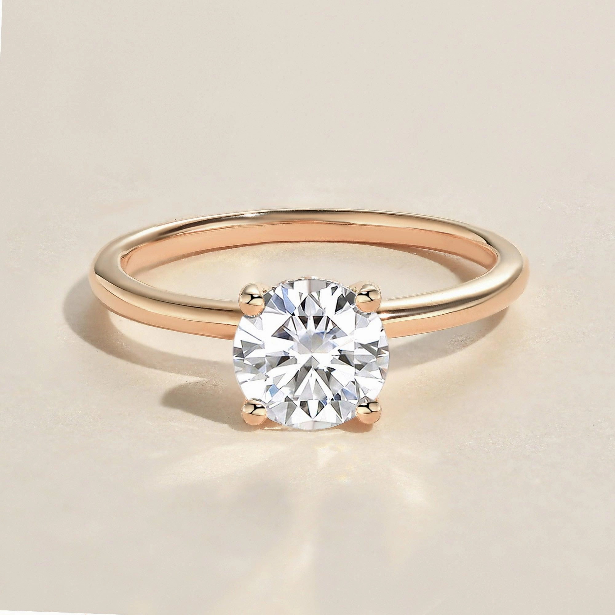 Dressed Look 1.0ct Round Cut Moissanite Classic Hidden Halo Solitaire Ring