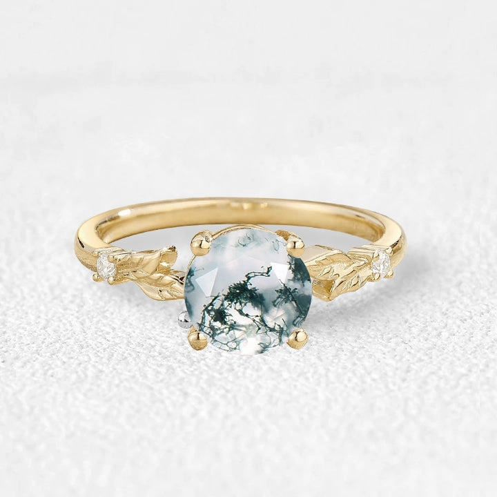 1.0ct Round Cut Moss Agate Cute Leafy Engagement Ring Subtle Finish Classic Duo