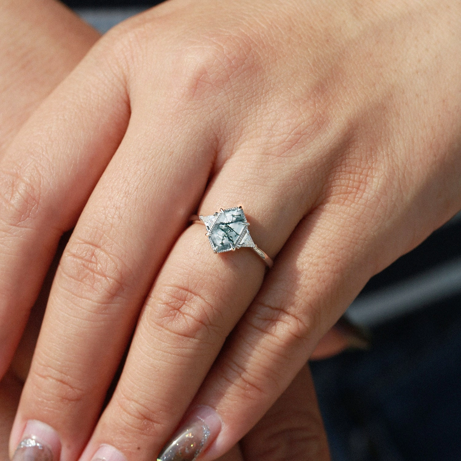 1.5ct Geometric Moss Agate Three-stone Vintage Ring Stylish Finish Elegant Edge