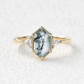 Formal Accessory Elegant Gifts 1.5ct Geometric Moss Agate Three-stone Vintage Ring