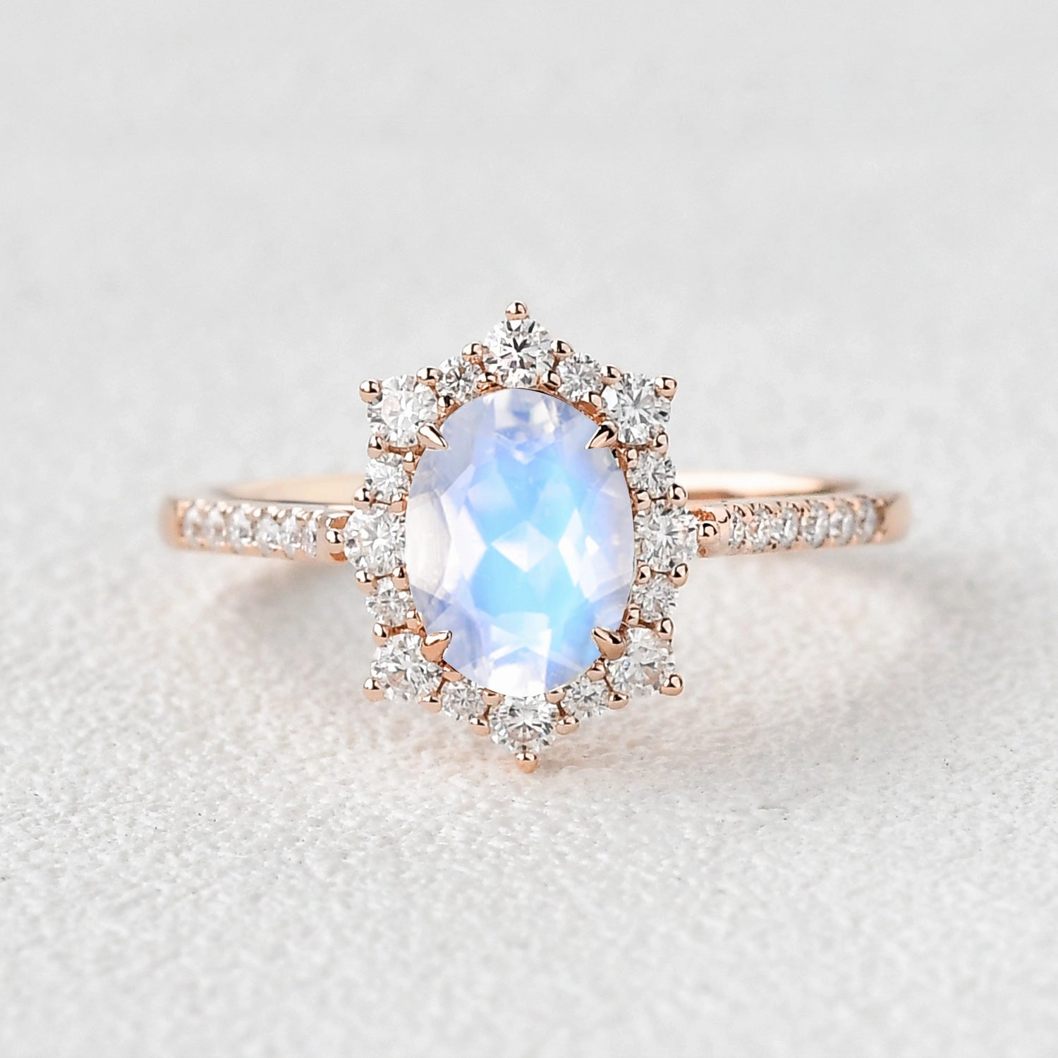 1.5ct Oval Moonstone Cluster Halo Ring Vibrant Feel