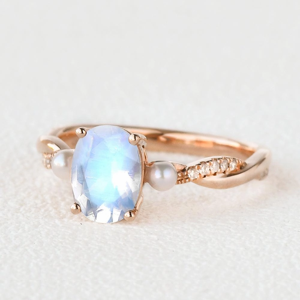 1.5ct Oval Moonstone Twist Three-stone Ring Fashion Pulse Subtle Feature