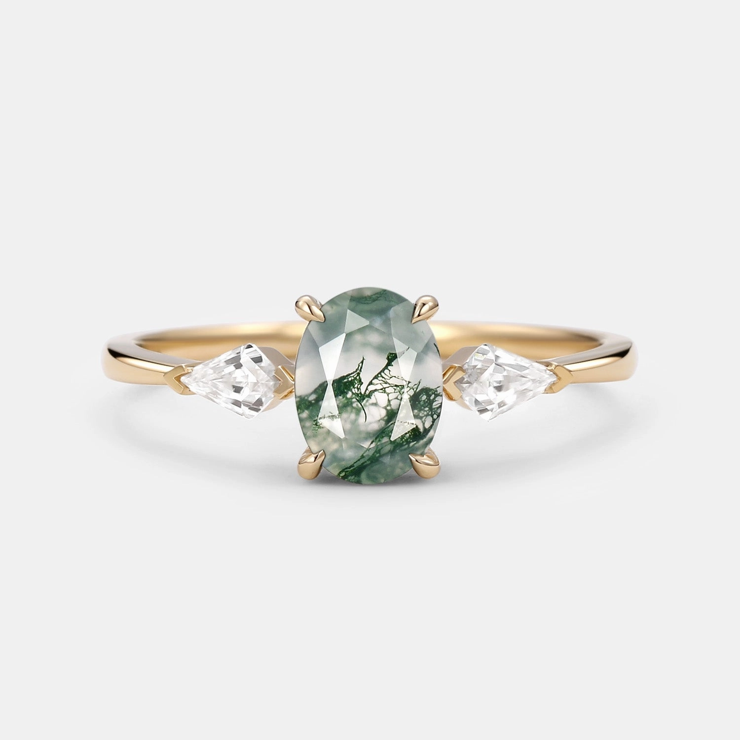 1.5ct Oval Moss Agate Three Stones Engagement Ring Handmade Glam
