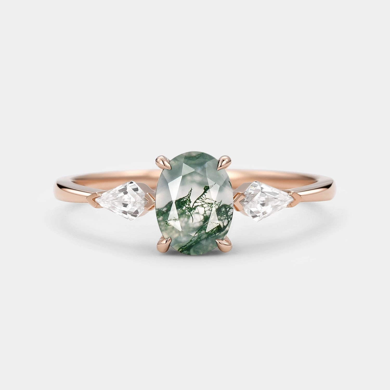 Layering Game 1.5ct Oval Moss Agate Three Stones Engagement Ring