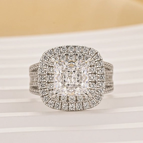 2.0Ct Princess Cut Double Halo Split Shank Engagement Ring In Sterling Silver Shiny Details