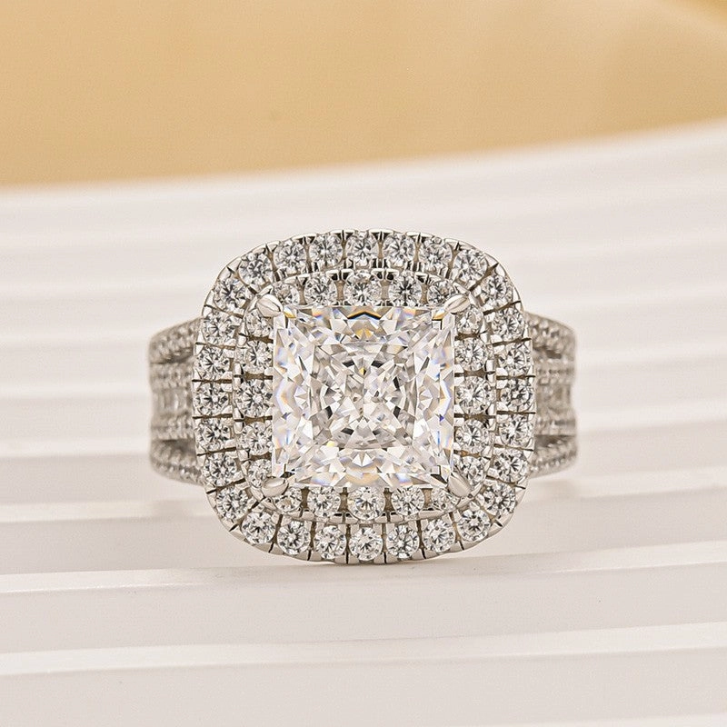 Accent Detail Smooth Surface 2.0Ct Princess Cut Double Halo Split Shank Engagement Ring In Sterling Silver