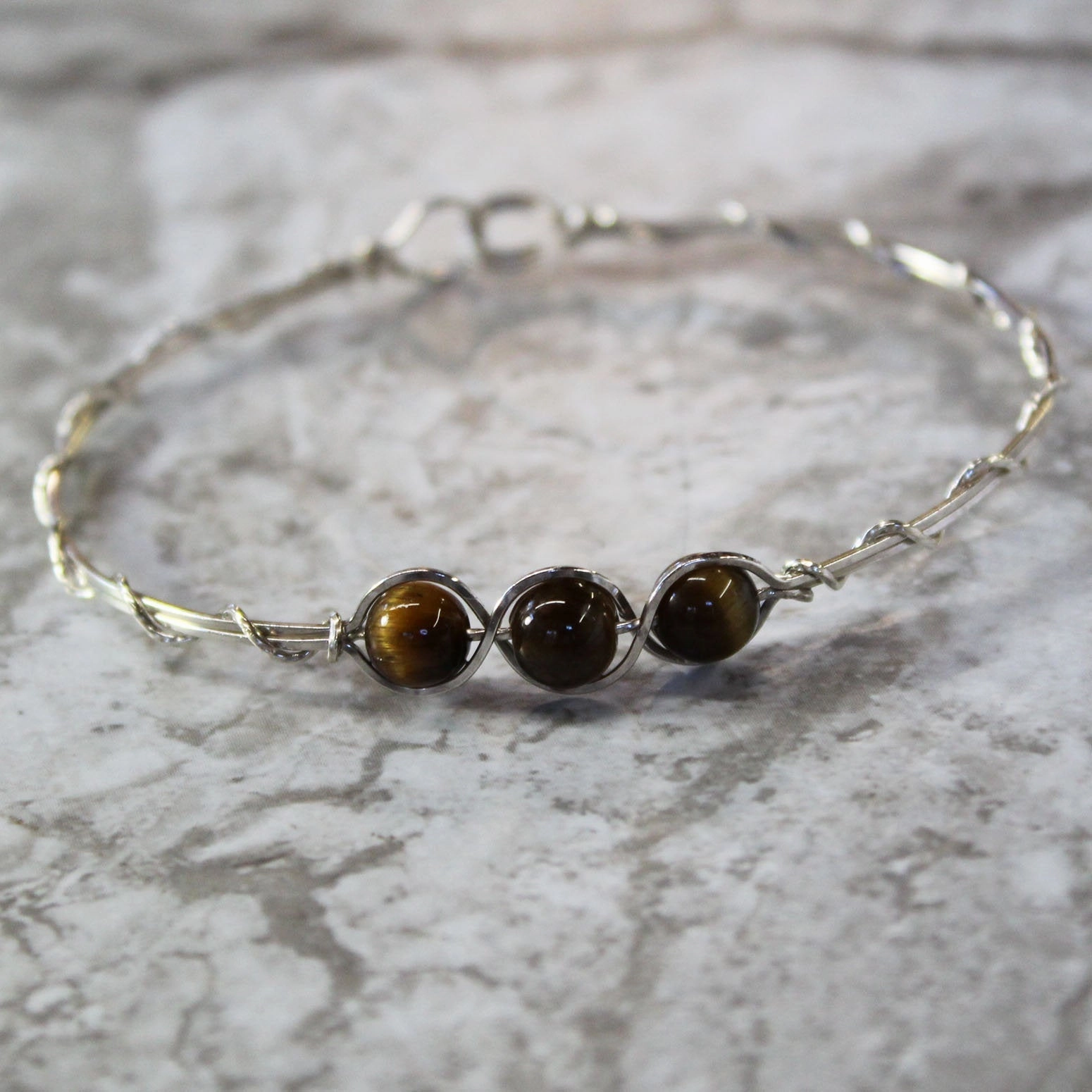 3-Bead Outline Brown Tiger Eye Beads Sterling Silver Wire Wrapped Bracelet Enduring Mixes Cultural Influence