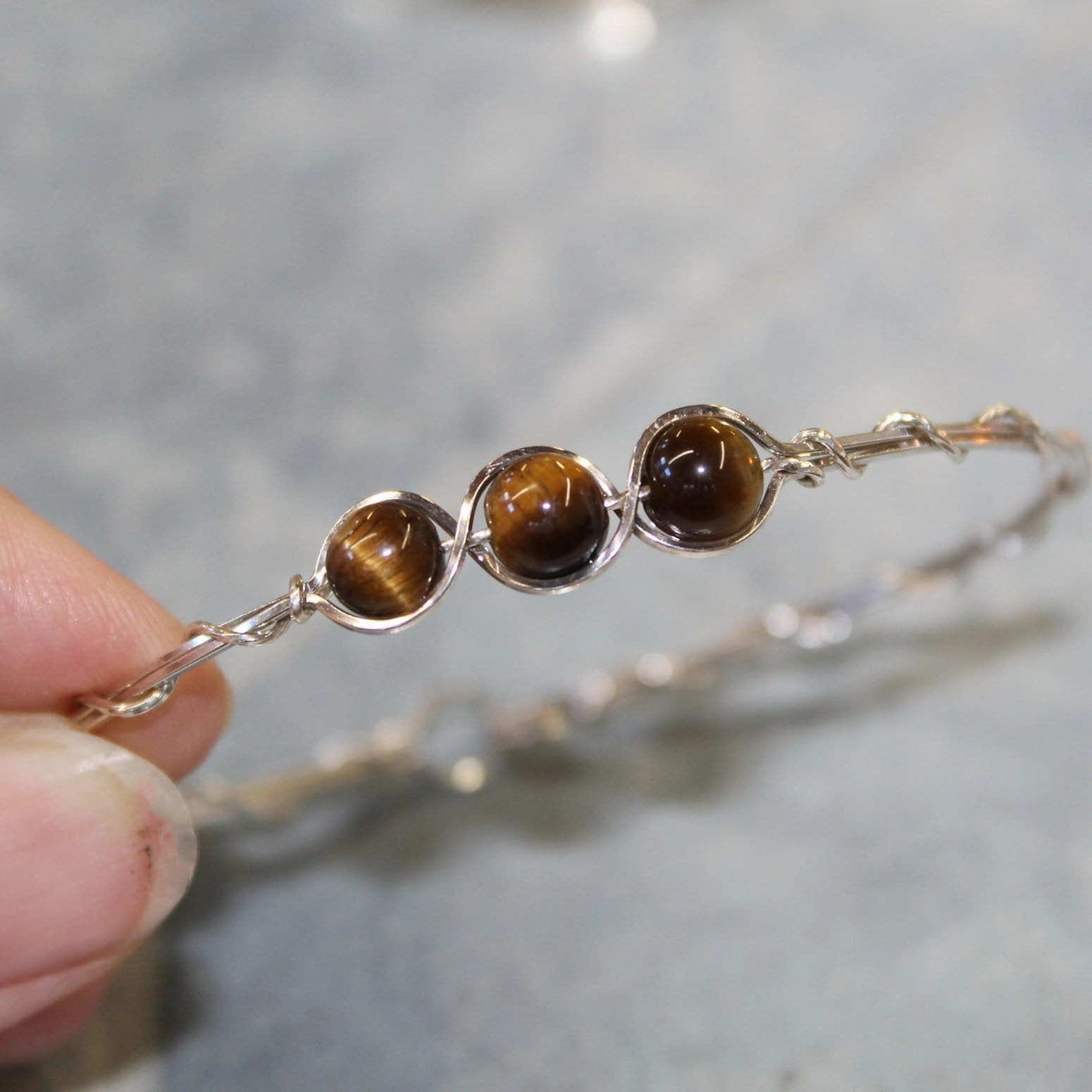 Reliable Amalgamations 3-Bead Outline Brown Tiger Eye Beads Sterling Silver Wire Wrapped Bracelet