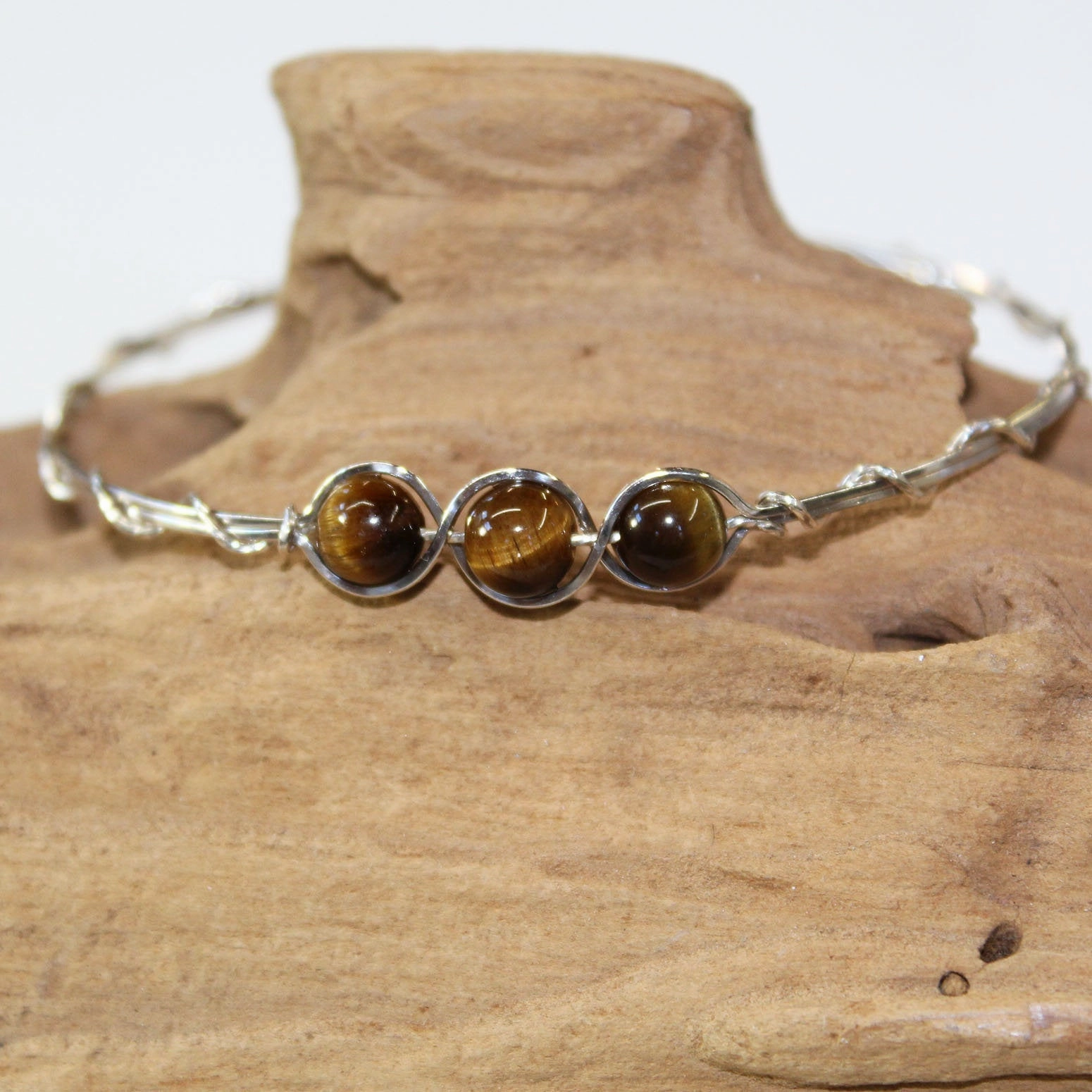 3-Bead Outline Brown Tiger Eye Beads Sterling Silver Wire Wrapped Bracelet Legendary Sight Quest Memento