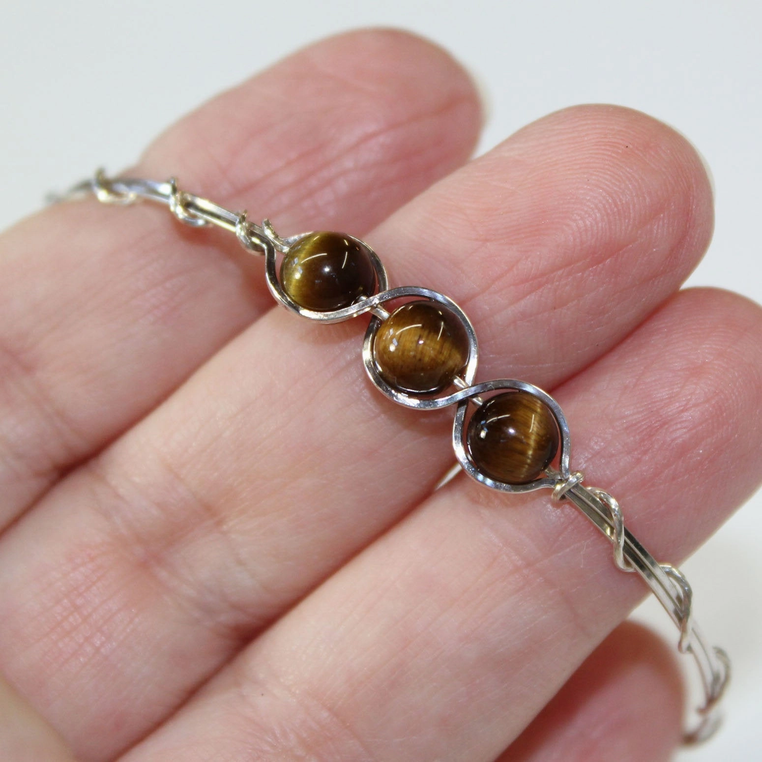 Pastel Shades 3-Bead Outline Brown Tiger Eye Beads Sterling Silver Wire Wrapped Bracelet