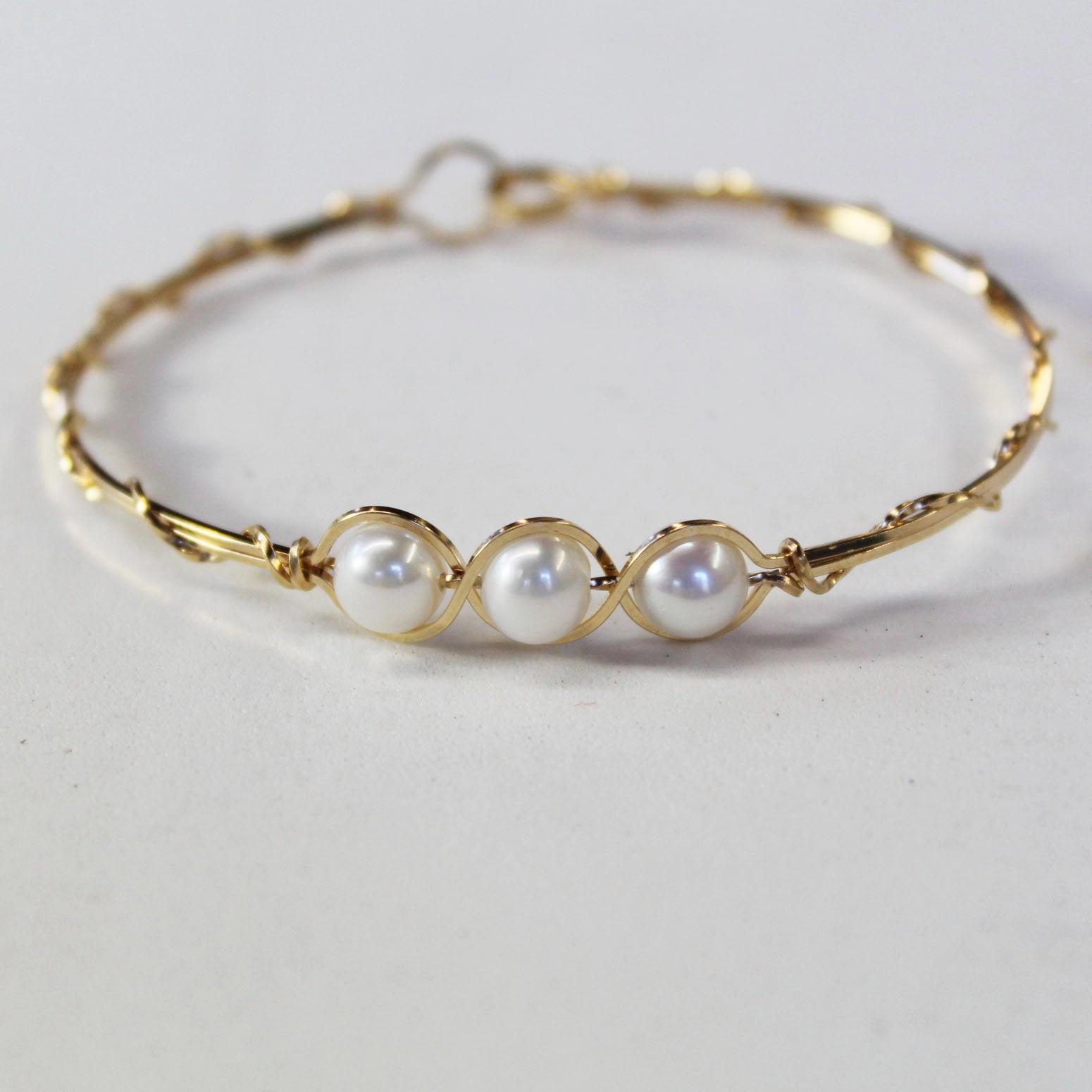 3-Bead Outline Freshwater Pearls Gold Filled Wire Wrapped Bracelet Blessed Blends