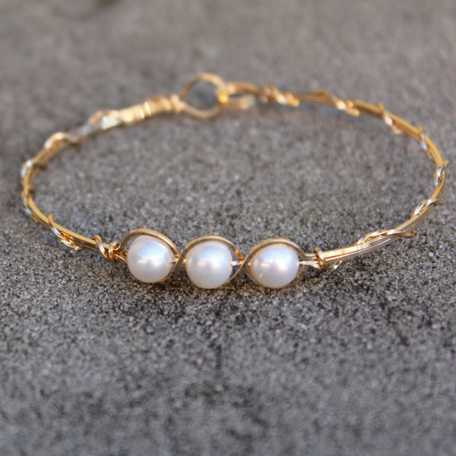 3-Bead Outline Freshwater Pearls Gold Filled Wire Wrapped Bracelet Significant Fusions