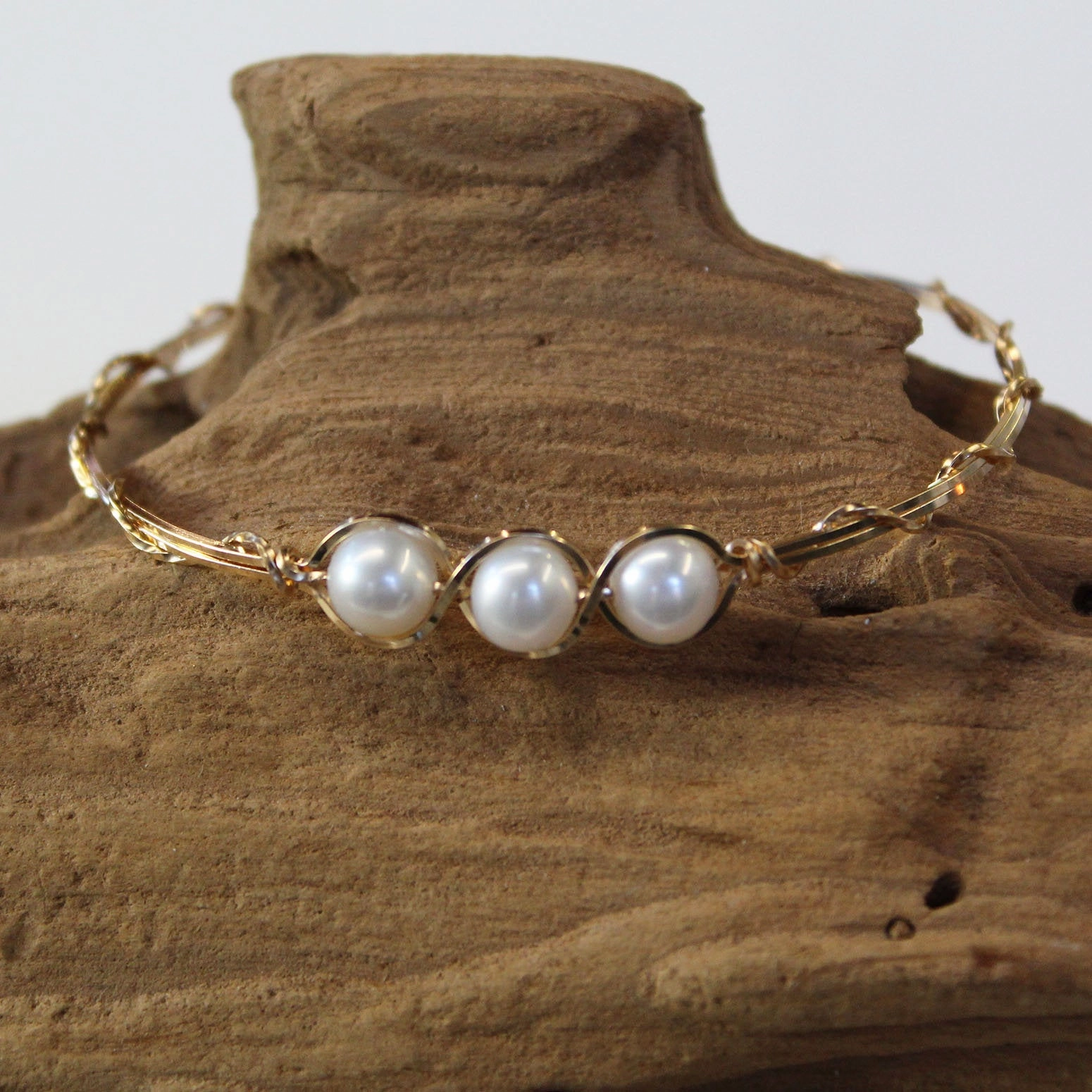 3-Bead Outline Freshwater Pearls Gold Filled Wire Wrapped Bracelet One-of-a-kind