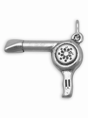 Gleaming Accent Trendy Form 3-D Hair Blow Dryer Charm Sterling Silver Hairdresser