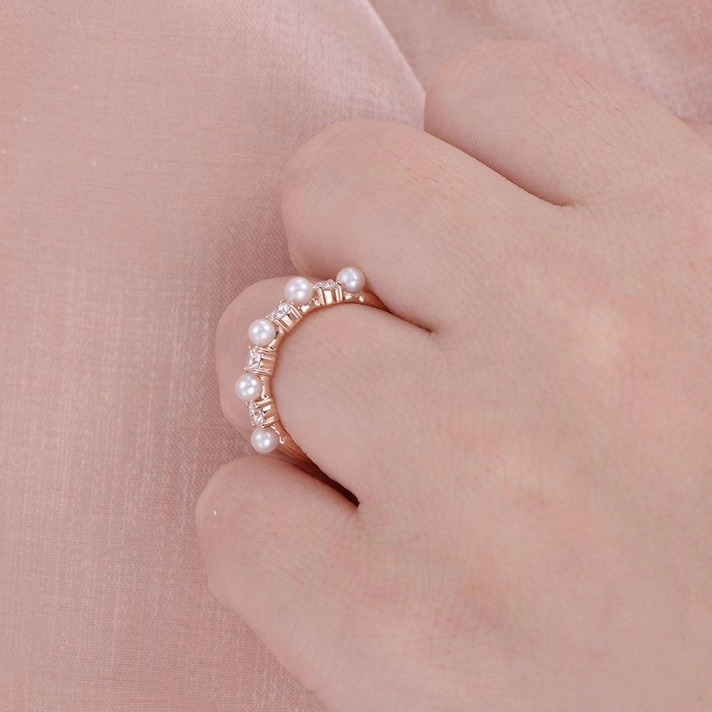3MM Natural Pearl Moissanite Straight Stacking Ring Effortless Elegance Handcrafted Treasures