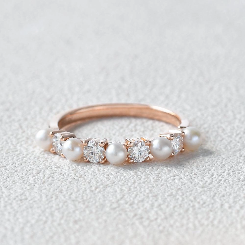 3MM Natural Pearl Moissanite Straight Stacking Ring Bridal Moment