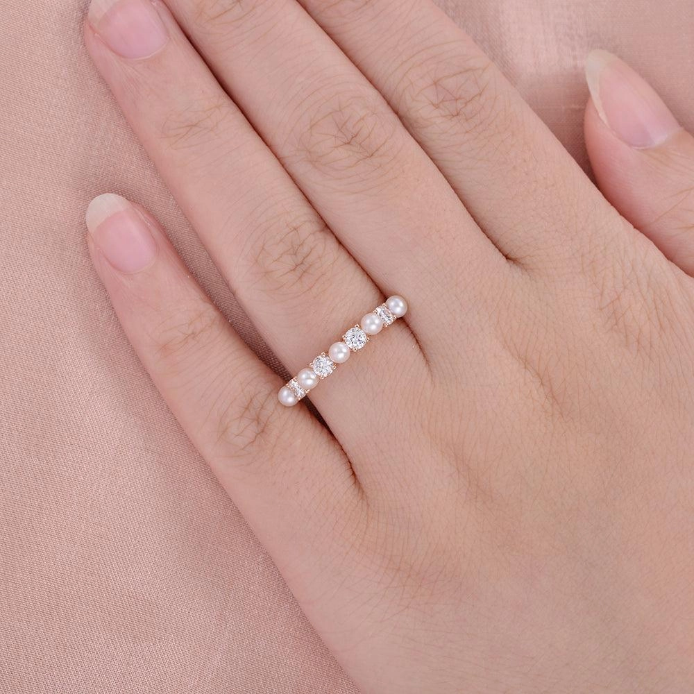 3MM Natural Pearl Moissanite Straight Stacking Ring Precious Finish Silk Finish