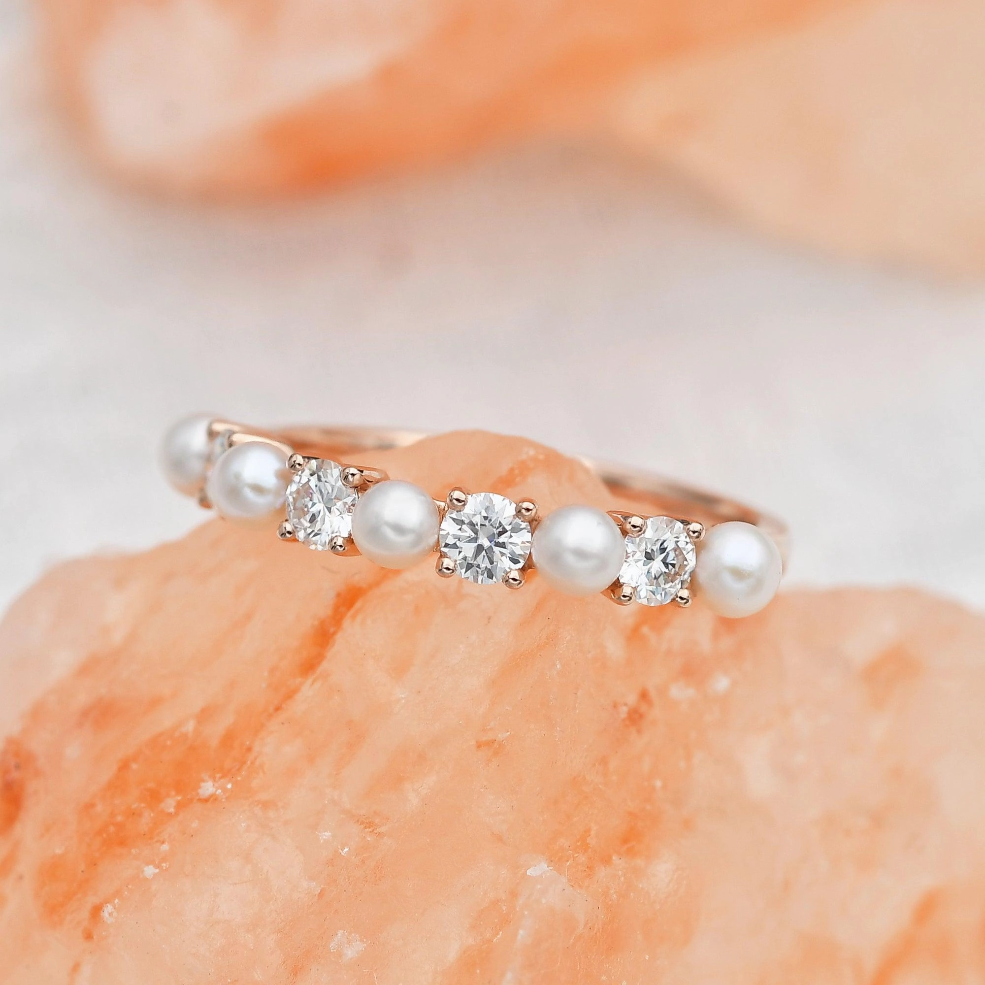 Fashion Pairing 3MM Natural Pearl Moissanite Straight Stacking Ring