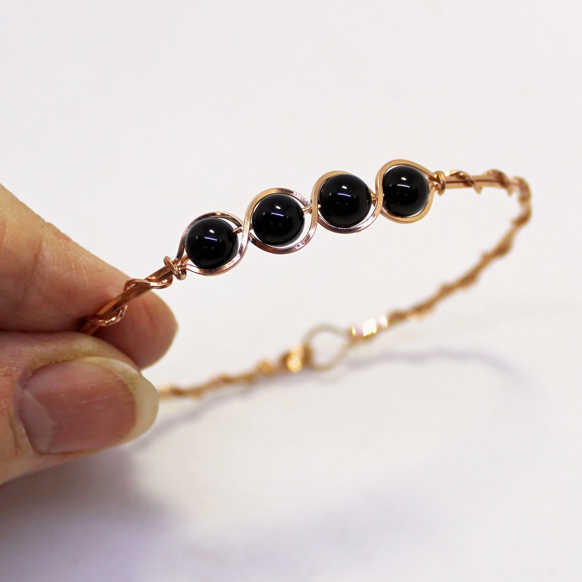 4-Bead Outline Black Onyx Beads Rose Gold Filled Wire Wrapped Bracelet Live Vision Joyful Mixes