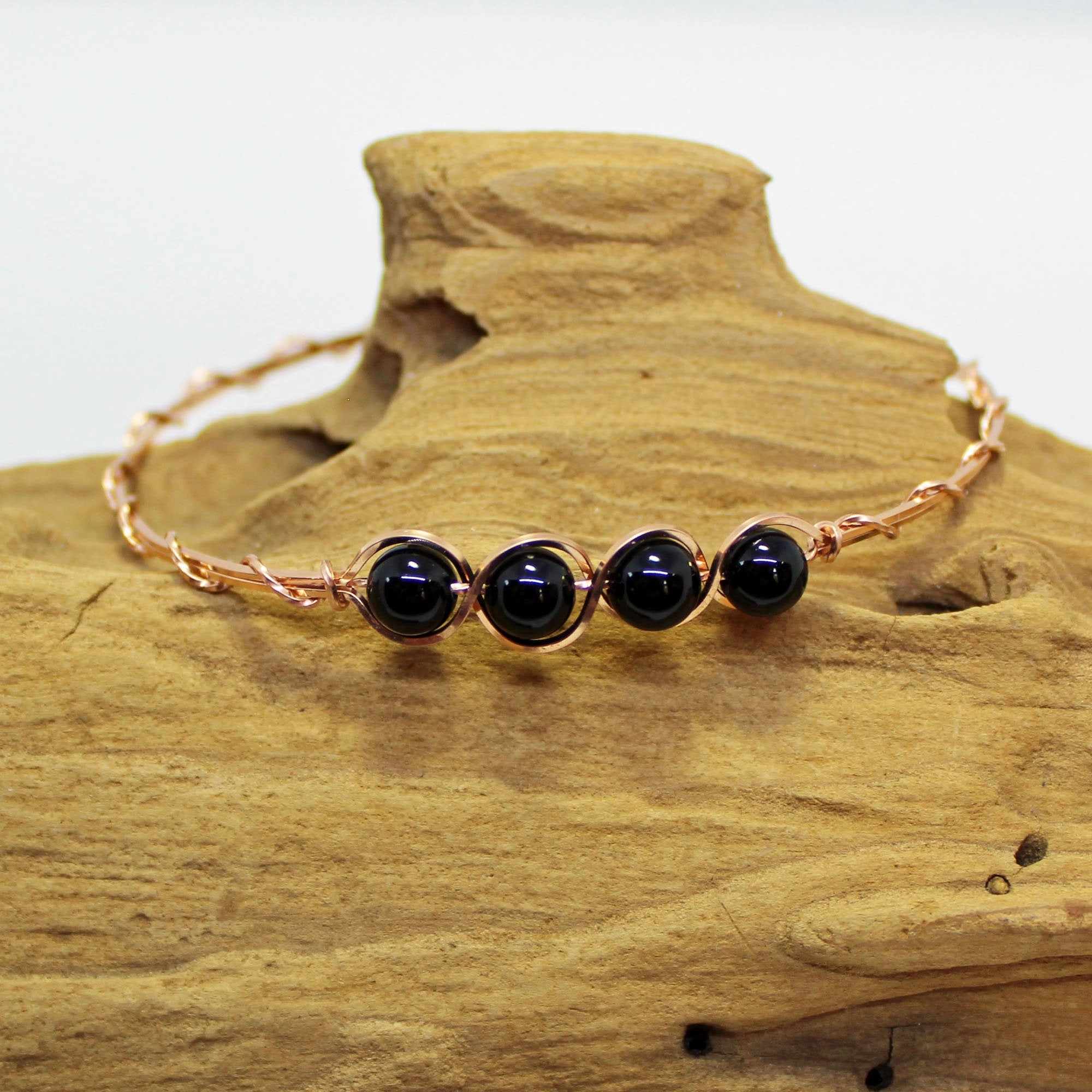 Polished Accent 4-Bead Outline Black Onyx Beads Rose Gold Filled Wire Wrapped Bracelet