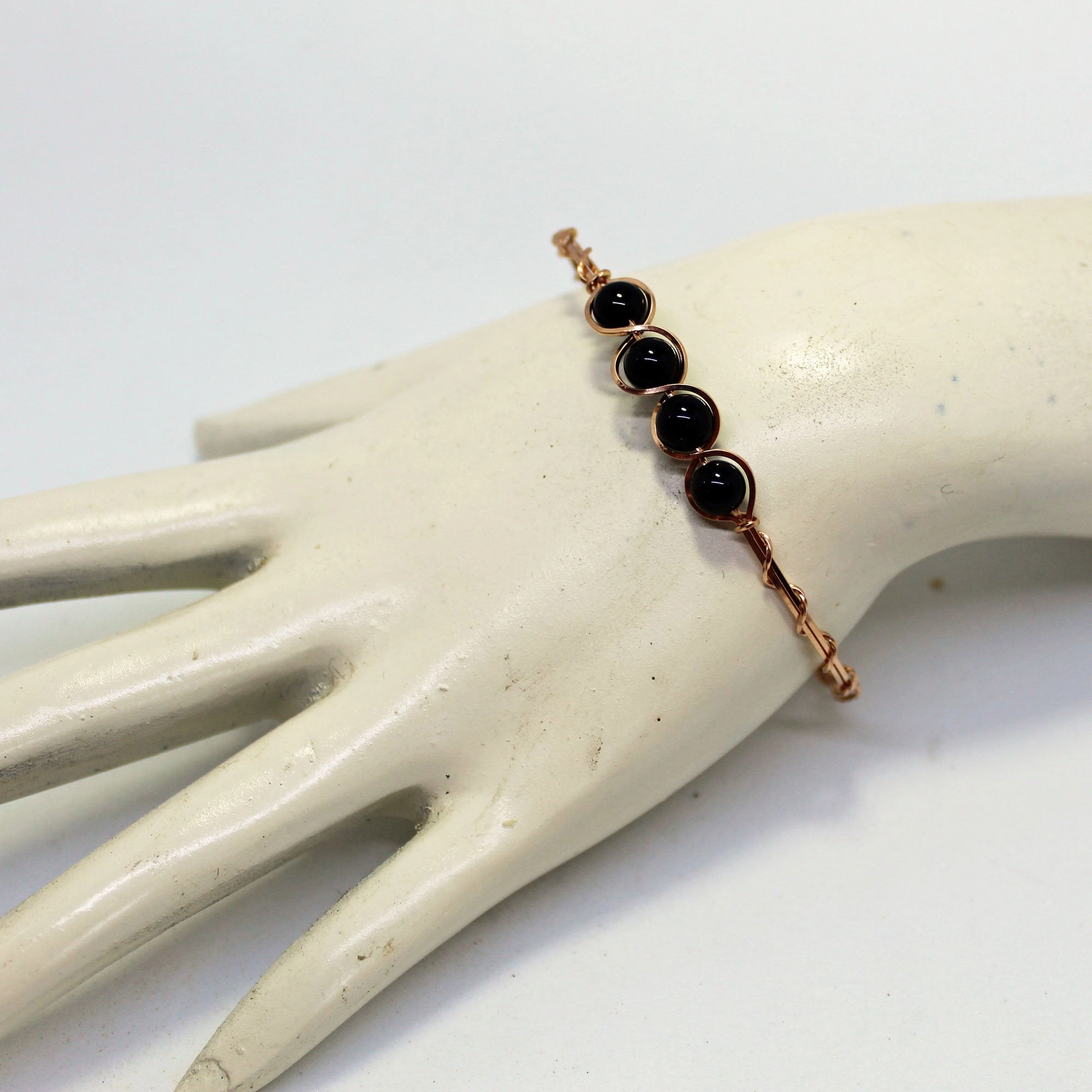 4-Bead Outline Black Onyx Beads Rose Gold Filled Wire Wrapped Bracelet Skilled Artistry