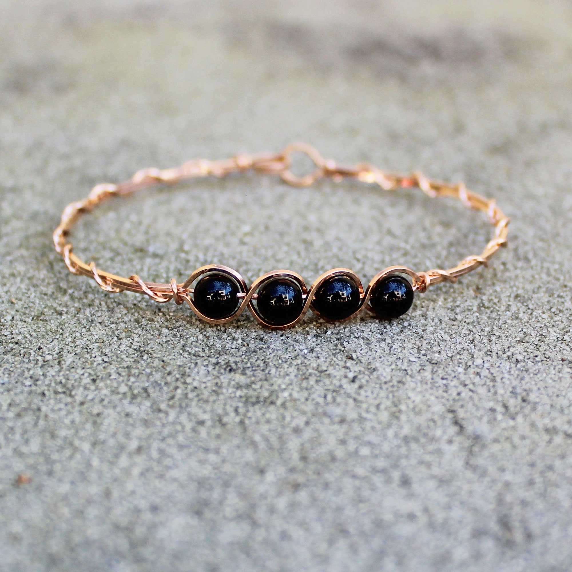 Delightful Combinations Versatile Option 4-Bead Outline Black Onyx Beads Rose Gold Filled Wire Wrapped Bracelet